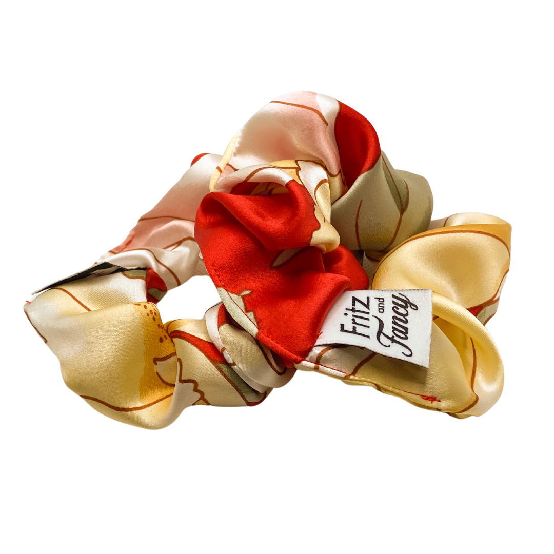 Red Floral Silk Scrunchie