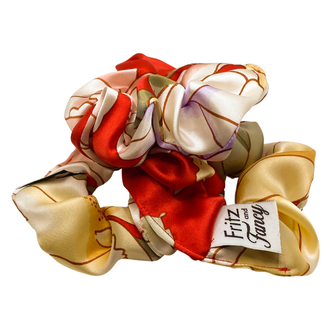 Red Floral Silk Scrunchie